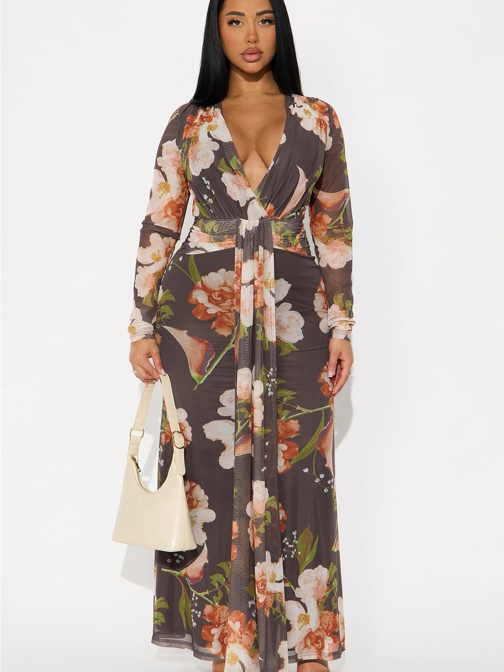 Fashion Nova Floral Wrap Maxi Dress in Brown and Peach